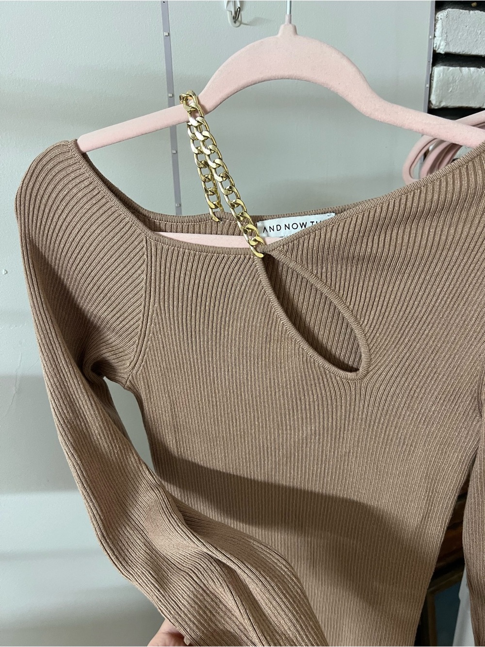 Long-Sleeve Ribbed Knit Midi Dress in Taupe